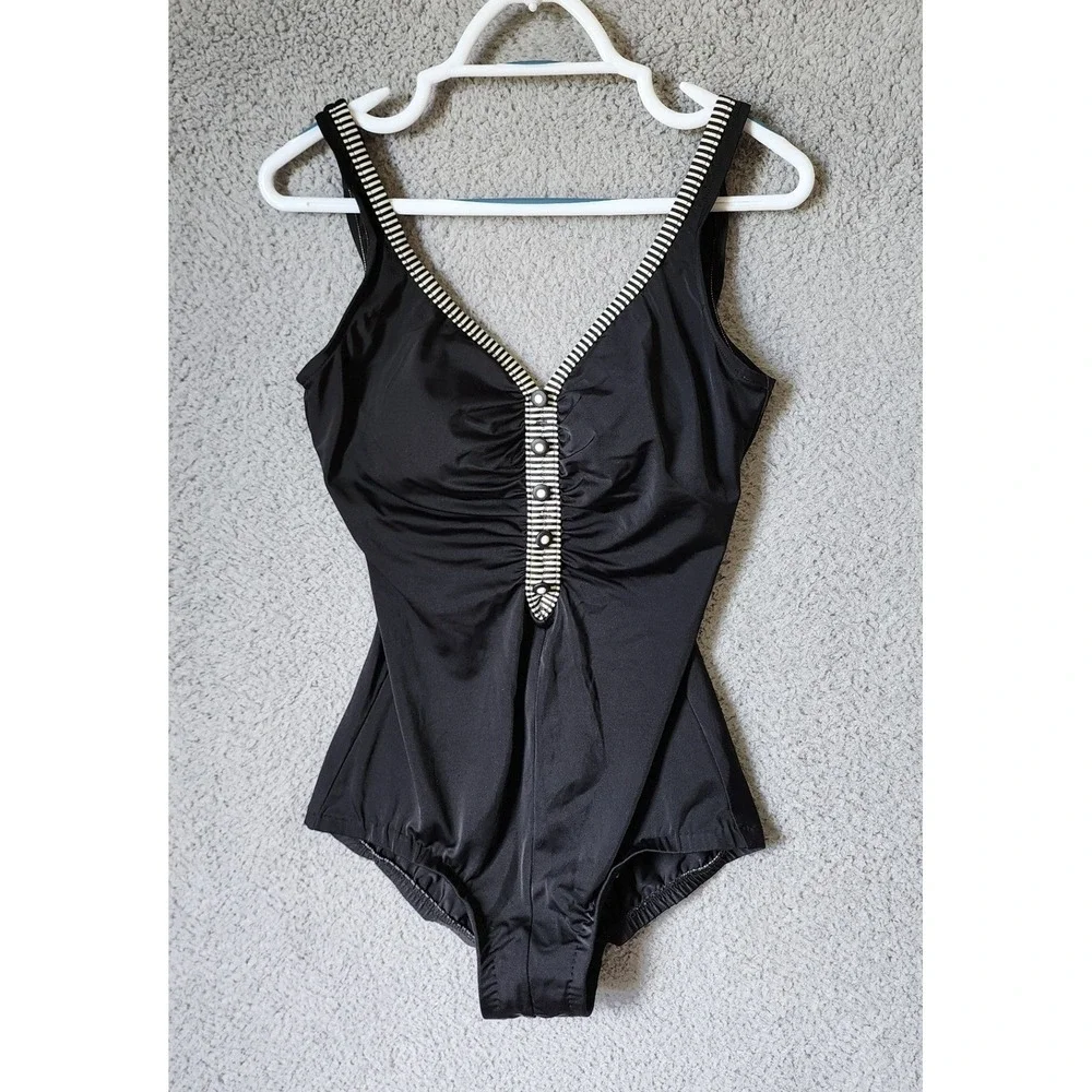 Maxine of Hollywood One Piece Swimsuit Women 12 Black Striped Trim Ruched Button
